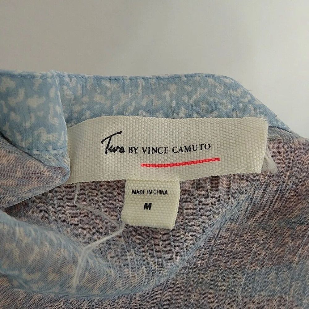 Two by Vince Camuto Womens sz M Top Blue Abstract Sheer VNeck 3/4 Sleeve Blouse - Picture 7 of 8